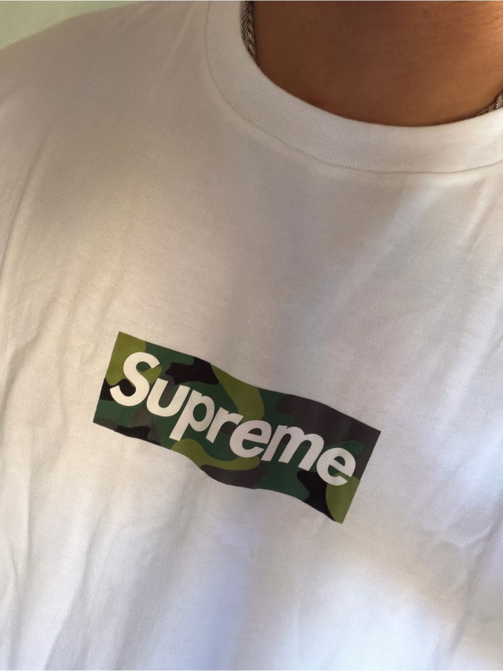 Supreme White Tee with Green Camo Box Logo size M